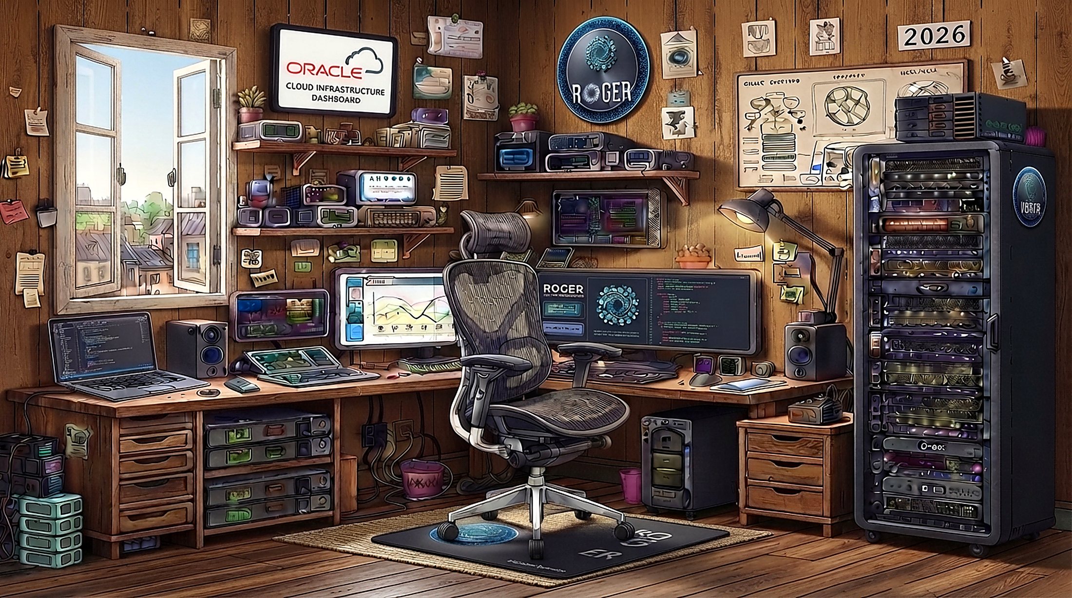 Roger's home lab and workshop desk, illustrated — server rack, dual monitors, and shelves of networking gear